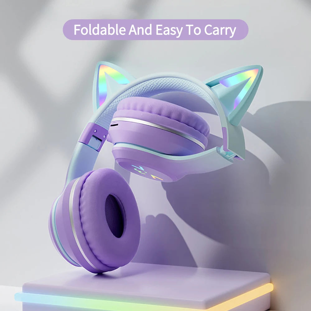 Gradient wireless RB cute cat ears Bluetooth headphones with microphone stereo music games headphones girls children gift