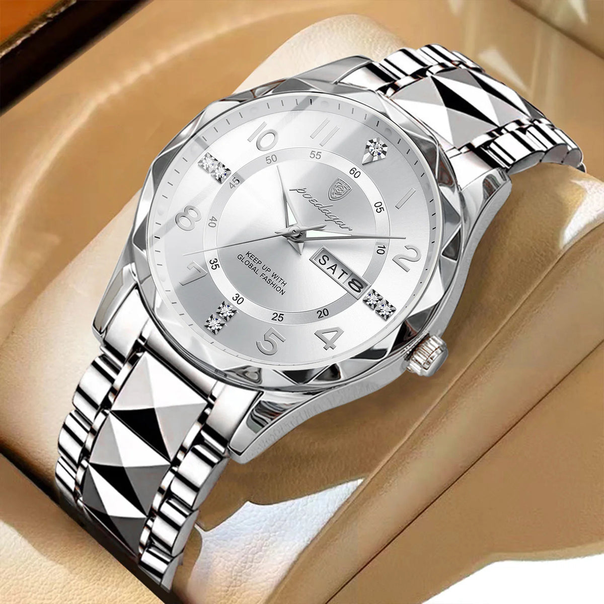 Orologio da uomo POEDAGAR Fashion Luxury, impermeabile, luminescente, al quarzo, cinturino in acciaio inossidabile, data e giorno della settimana, stile casual.