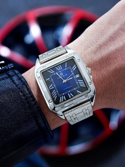 Montre carrée pour homme — Bracelet en acier inoxydable, affichage de la date