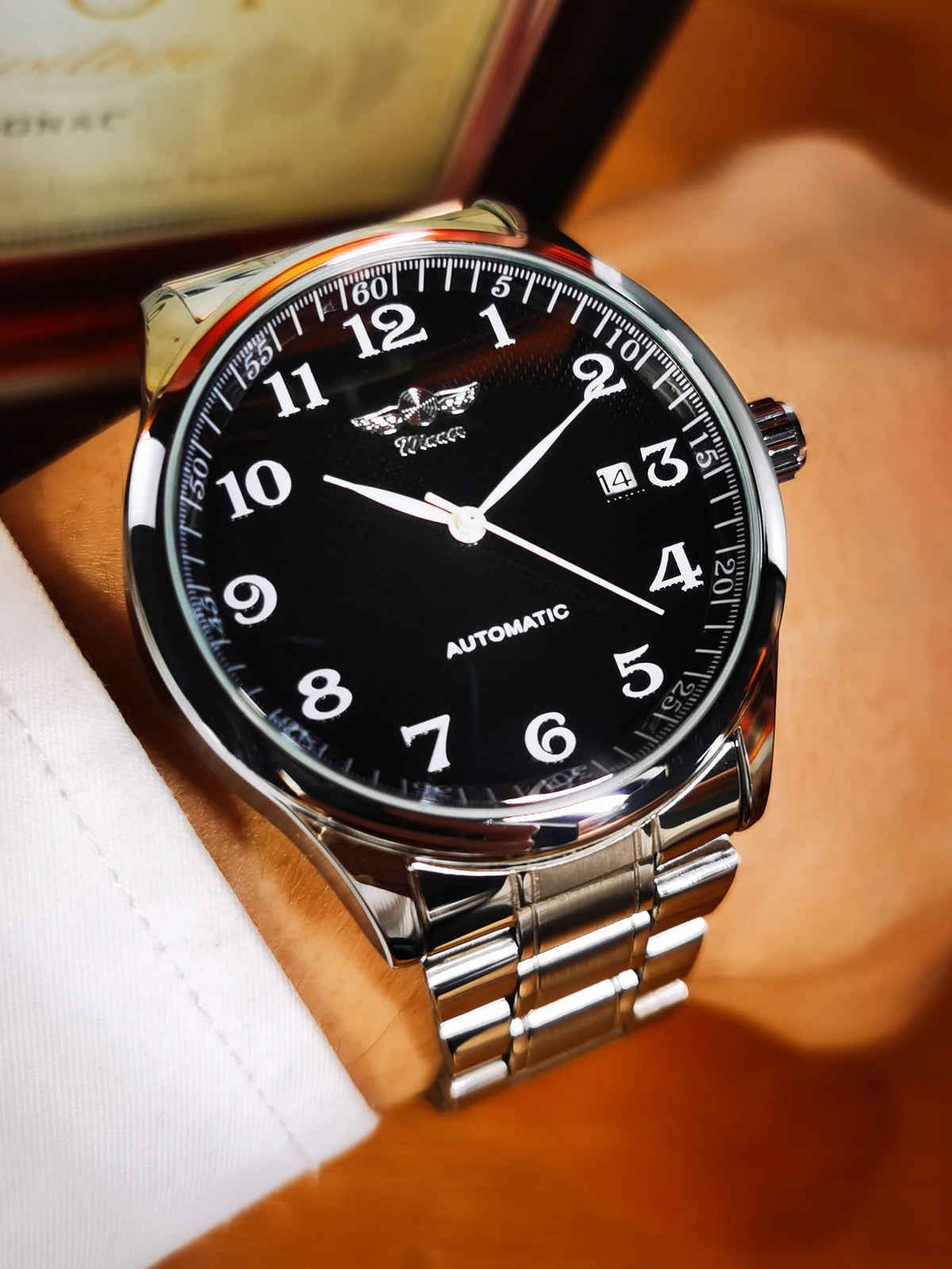 Orologio da uomo WINNER – Stile classico, retrò ed elegante – Orologio meccanico a carica automatica con calendario – Marchio di lusso, cassa in acciaio e cinturino in pelle