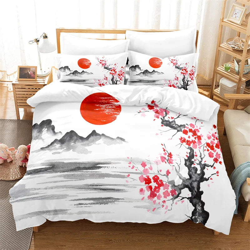 Juego de funda nórdica con pintura de bambú, ropa de cama de estilo chino, conjunto juvenil de lino para cama Queen Size, funda para edredón, ropa de cama de moda