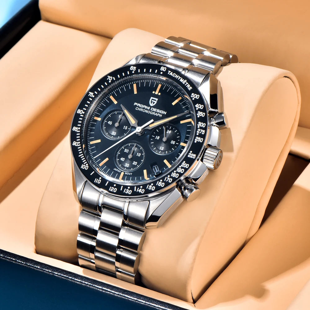 Orologio da uomo PAGANI DESIGN «New Moon» – Orologio al quarzo di lusso, cronografo, vetro zaffiro con trattamento antiriflesso, lunetta in ceramica, lancette luminescenti