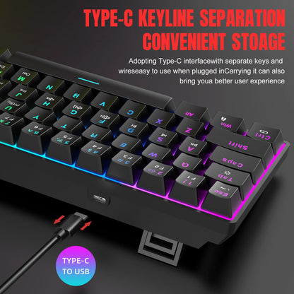 RK61 Wired 60% Mechanical Gaming Keyboard RGB Backlit 61 Keys Ultra-Compact Hot Swappable Red Switch Provides a Smooth
