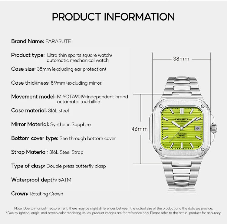 Montre de luxe automatique pour homme FARASUTE, mouvement Miyota9019, ultra-fine (8,9 mm), luminescente, étanche à 5 ATM