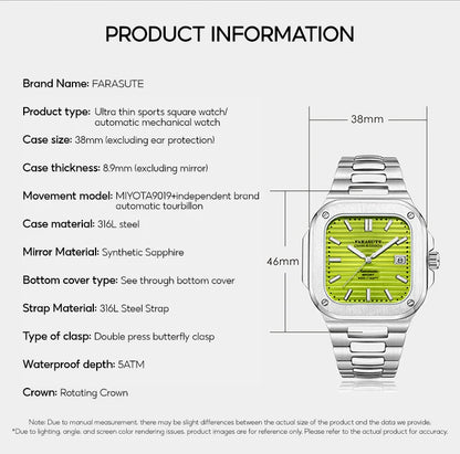 Montre de luxe automatique pour homme FARASUTE, mouvement Miyota9019, ultra-fine (8,9 mm), luminescente, étanche à 5 ATM