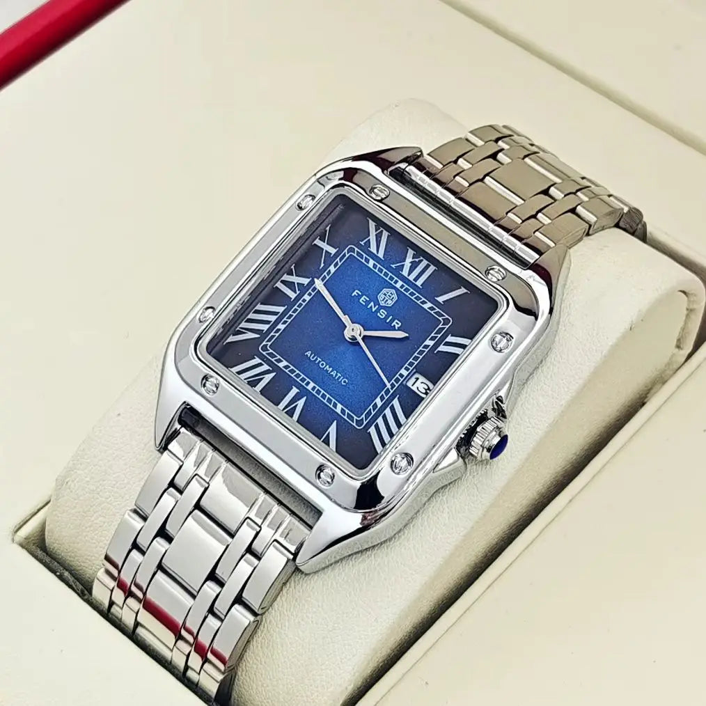 Montre carrée pour homme — Bracelet en acier inoxydable, affichage de la date