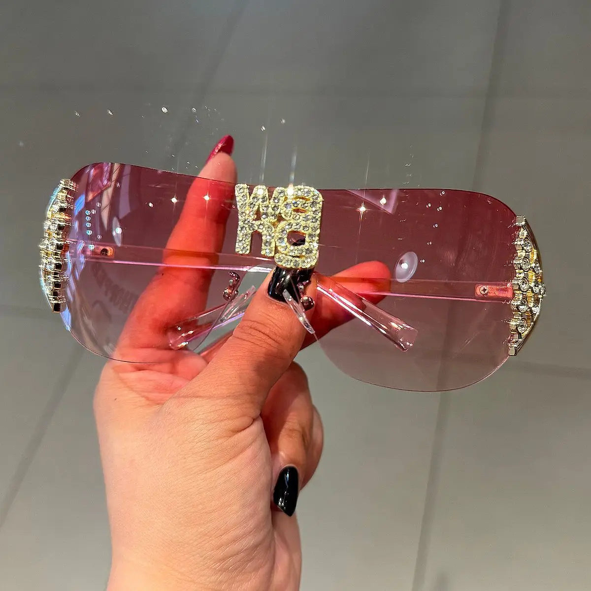 Luxuriöse Y2K-Sonnenbrille für Damen ohne Rahmen mit Strassbuchstaben – Designer-Sonnenbrille für den Außenbereich, UV400-Schutz