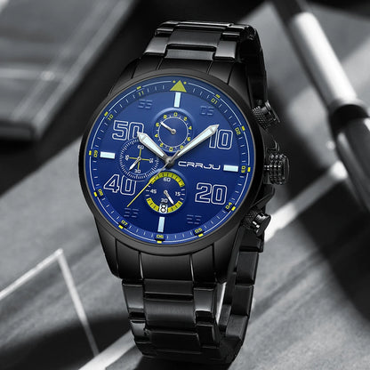 Orologio da uomo CRRJU – Cronografo di lusso, quadrante grande, acciaio inossidabile, impermeabile, con datario