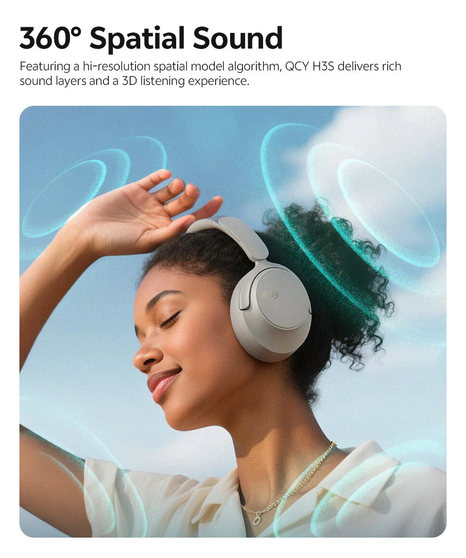 QCY H3S ANC Over Ear Headphones -56dB Noise Cancelling Headsets Bluetooth 6.0 Hi-Res LDAC Spatial Sound Earphones Dual Driver