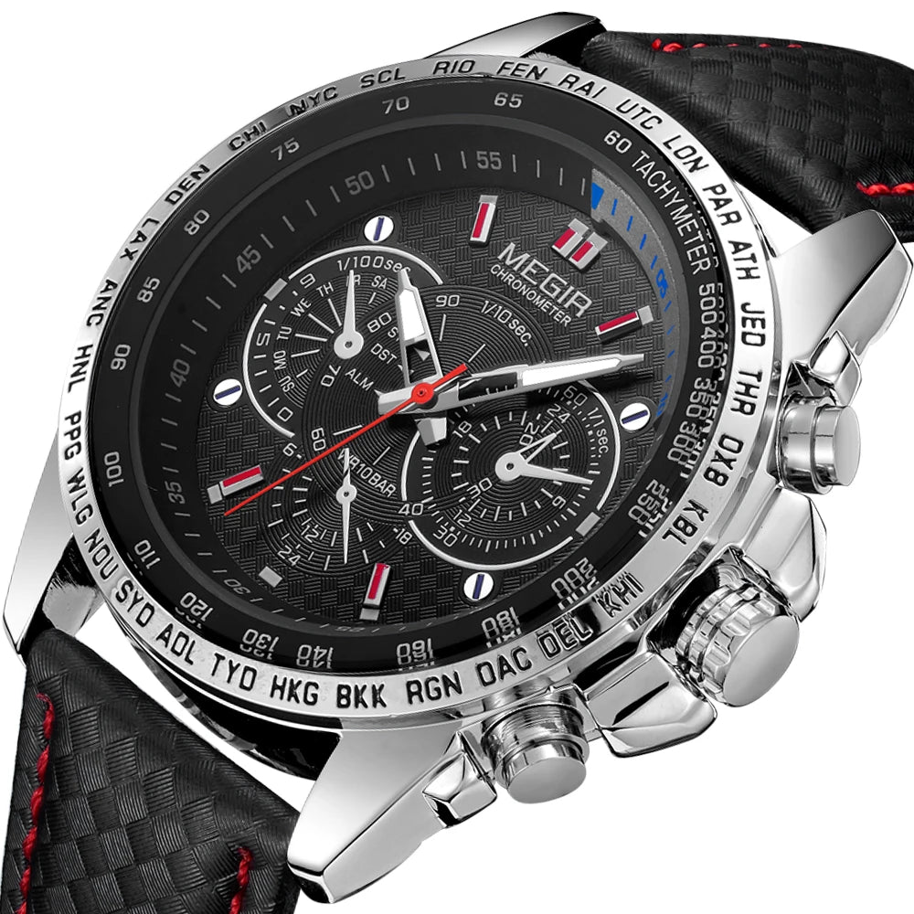Relógio de pulso analógico de quartzo para homem MEGIR – Relógio de luxo à prova de água com bracelete em pele, estilo descontraído, modelo 1010 (preto)