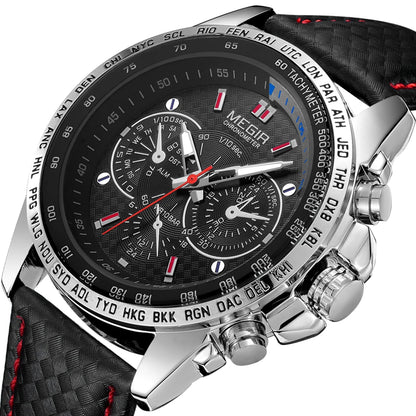 Relógio de pulso analógico de quartzo para homem MEGIR – Relógio de luxo à prova de água com bracelete em pele, estilo descontraído, modelo 1010 (preto)