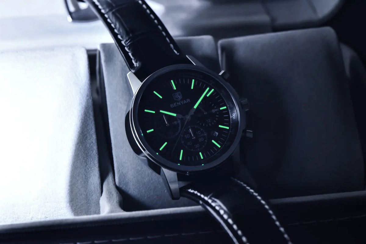 Orologio di lusso da uomo Benyar – Cronografo con datario, cinturino in pelle, impermeabile, luminescente, stile sportivo e militare, orologio al quarzo