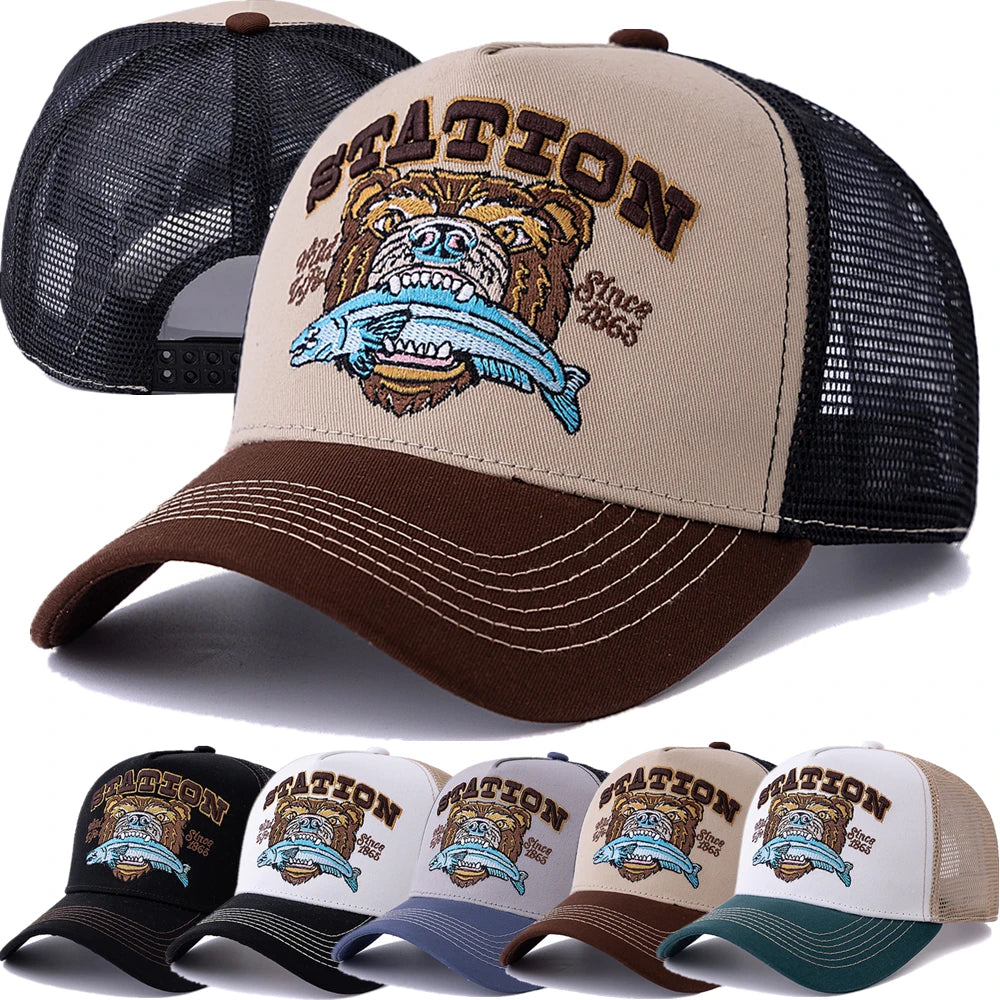 Hot Sale Unisex Bear Head Pattern Cap Summer Breathable Trucker Hat Man Women Outdoor Fishing Snapback Cap