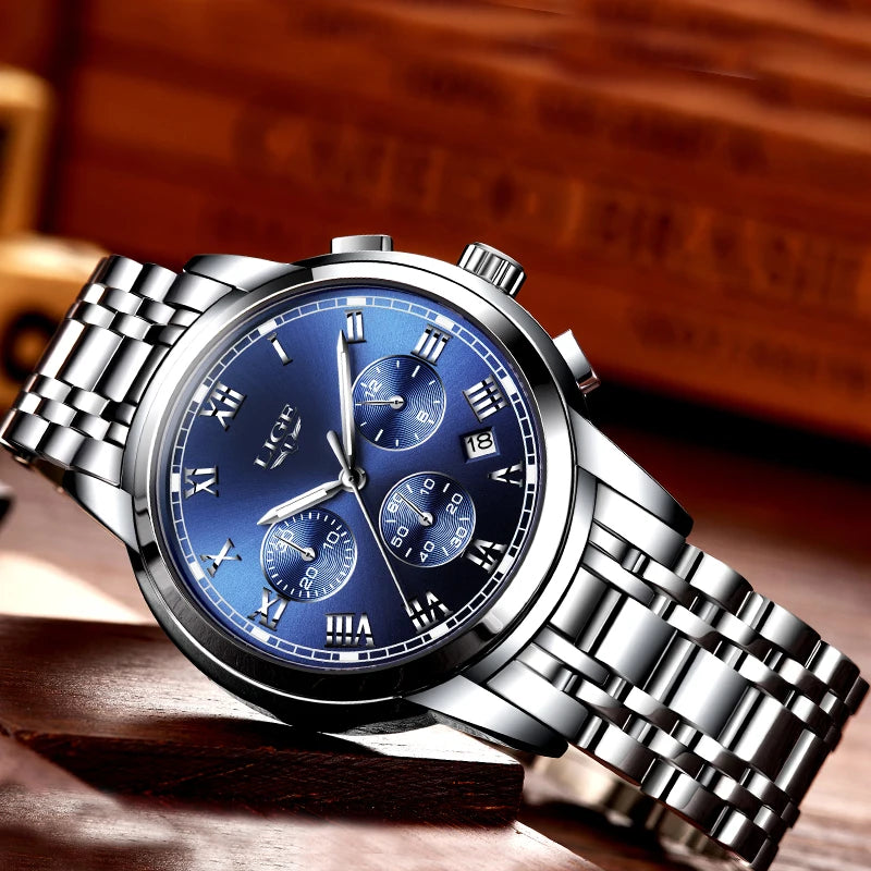 Orologio da uomo LIGE – Cronografo di lusso, stile sportivo casual, impermeabile, interamente in acciaio, movimento al quarzo