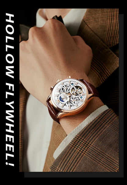 OLEVS 6658 Automatic Mechanical Watch for Man Leather Strap Waterproof Moon Phase Business Dress Men's Watches