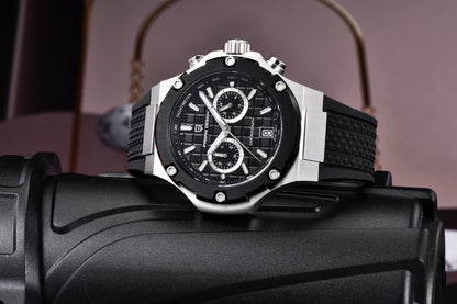 Orologio da uomo PAGANI DESIGN – Cronografo sportivo di lusso in oro rosa, dotato di un movimento al quarzo giapponese VK64 e di un cinturino in gomma fluorurata.