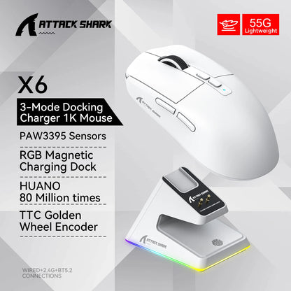 Attack Shark X6 Lightweight Wireless Gaming Mouse with 3 Mode Up to 26K DPI RGB Backlight Charging Base for Laptop Deskbtop