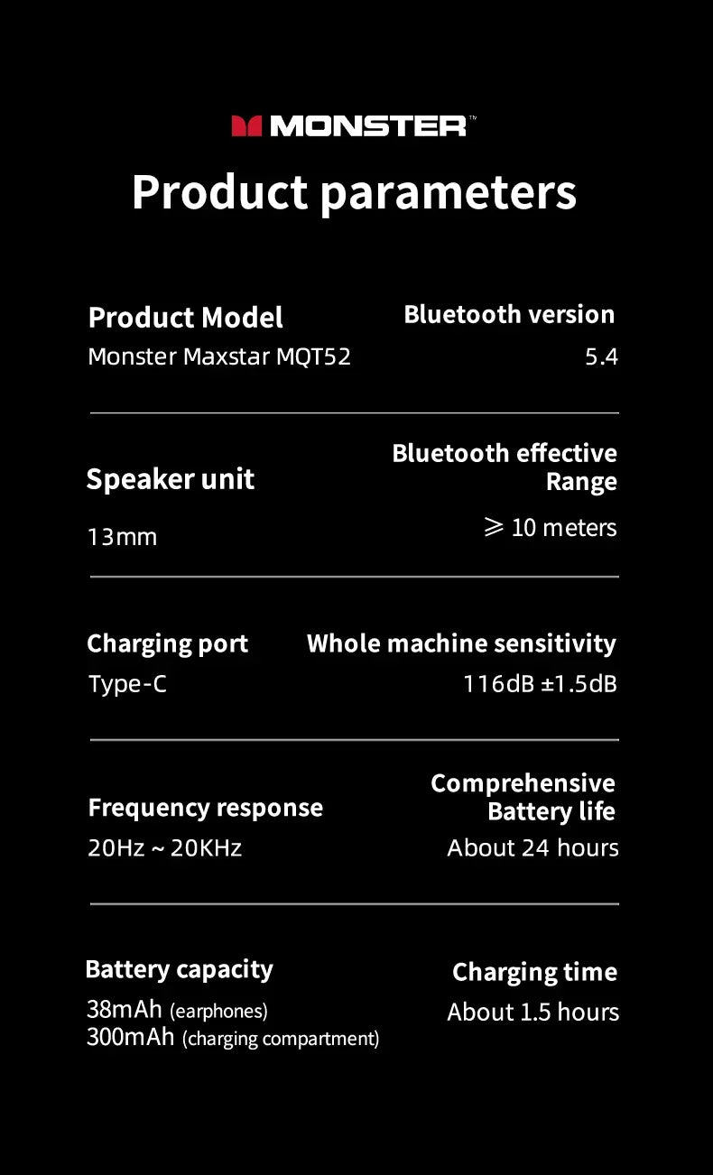 New Monster MQT52 TWS Wireless Gaming Headset Bluetooth 5.4 HIFI Stereo Music Earphones Talking Noise Canceling Earbuds