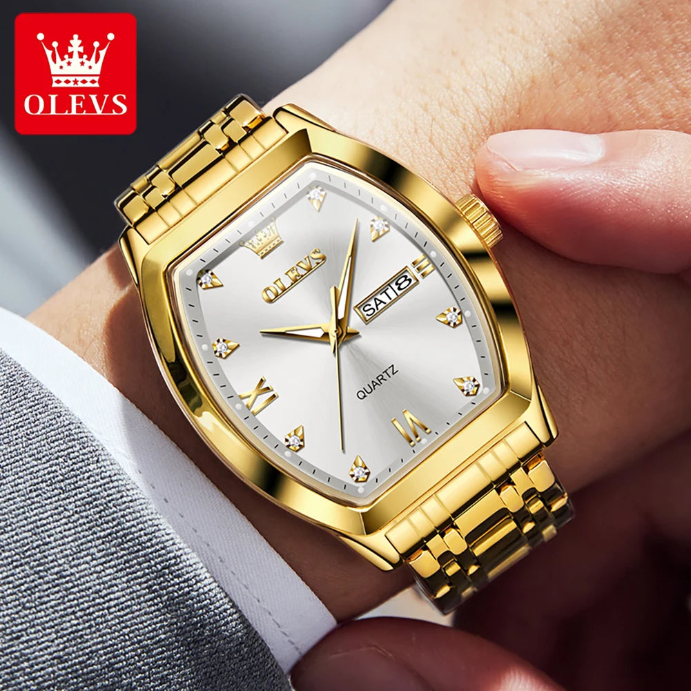 OLEVS Nouvelles montres pour homme Montres à quartz de luxe en or Montres classiques à cadran tonneau Montres à quartz étanches et luminescentes pour homme 5528