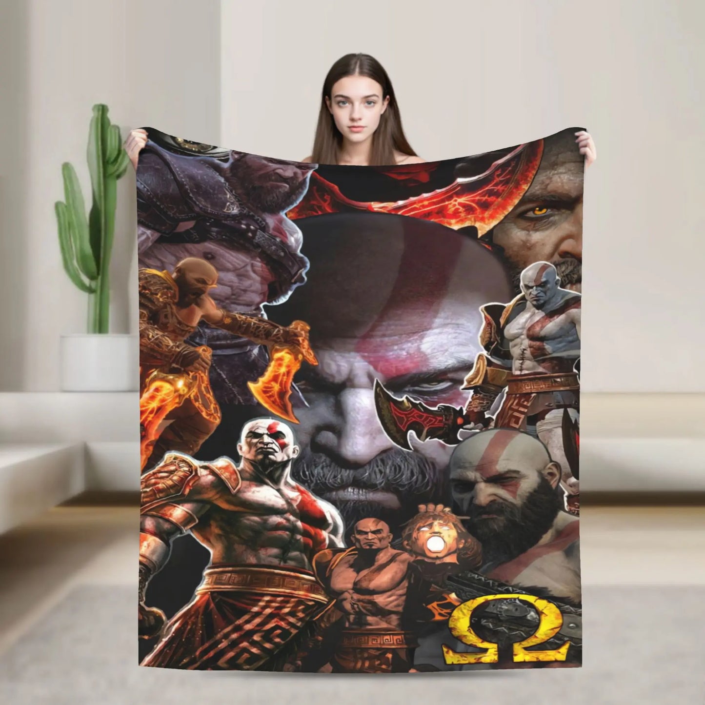 God of War Games Kratos Cartoon Flannel Blanket  Super Soft Throw Blanket for Couch Bed Travel Street Trend Bedspread Sofa Bed