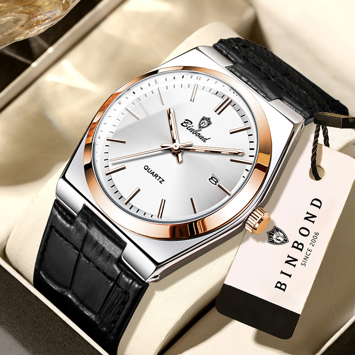 Relógio de pulso de luxo BINBOND com movimento de quartzo para homem – Impermeável, luminoso, com data automática – Estilo profissional, desportivo, moderno e descontraído – Pulseira em pele