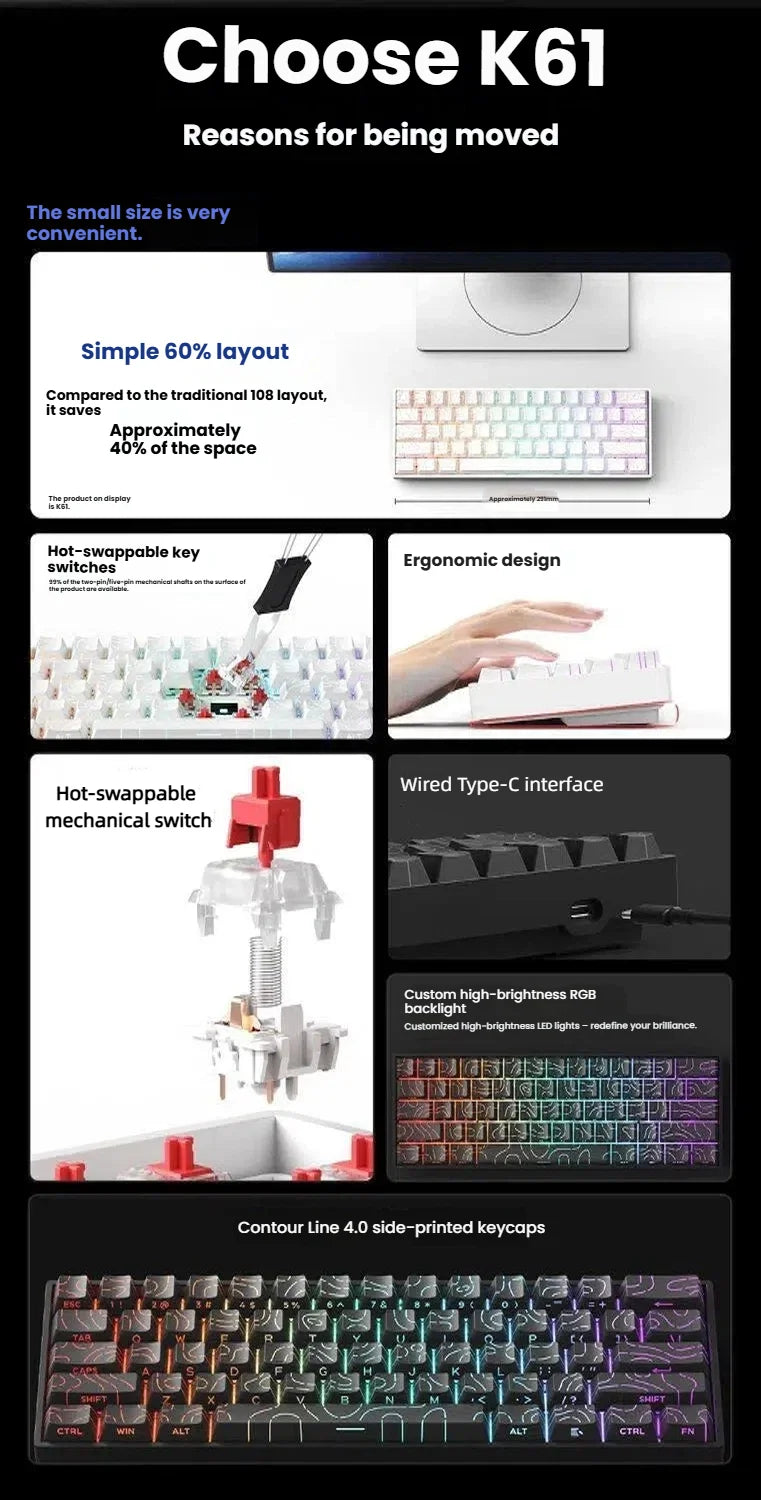 K61 Wired Portable Mechanical Keyboard, Phantom RGB Colorful, Gaming-grade Response, Ergonomic Design, Gaming Office Usable