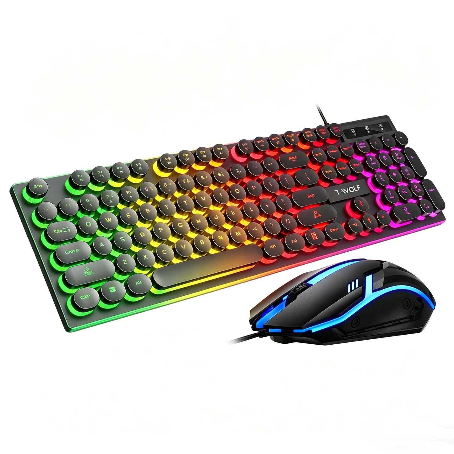 Typewriter style Mechanical feel Gaming Keyboard, Wired, RGB Backlit, Round Keycaps Mouse and Keyboard Bundle Waterproof 104-Key