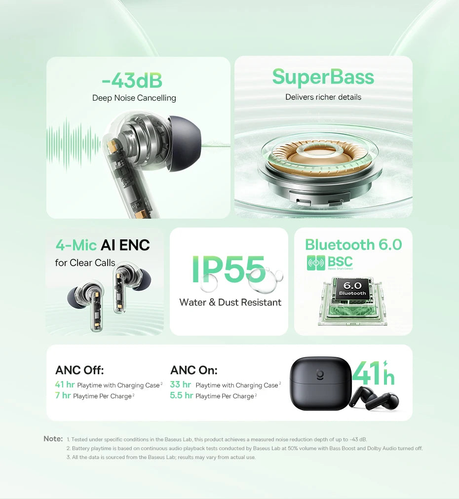 Baseus Bass EP10/BP1 NC -43dB Noise Cancelling ANC True Wireless Earbuds Bluetooth 6.0 In-Ear Wireless Earphones 4-Mics Ear buds