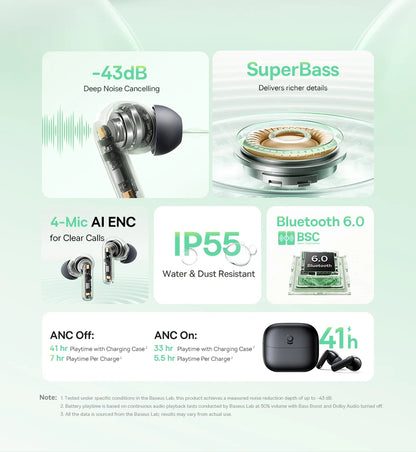 Baseus Bass EP10/BP1 NC -43dB Noise Cancelling ANC True Wireless Earbuds Bluetooth 6.0 In-Ear Wireless Earphones 4-Mics Ear buds