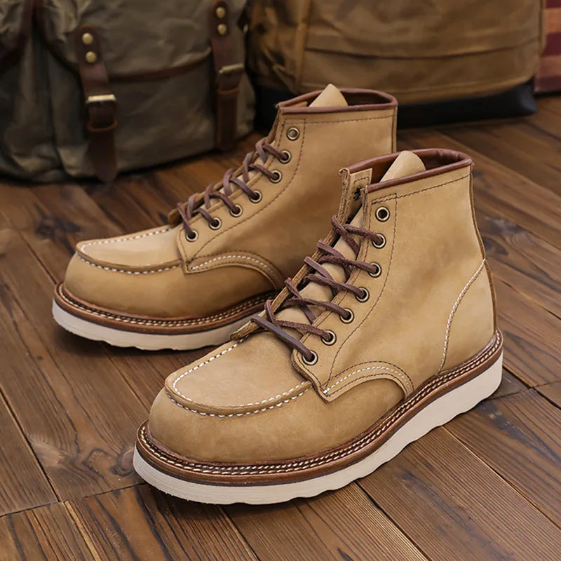 KOWM Cowhide Hiking Shoes Men's Walking Boot British Trekking Shoes Thick-Soled Cowhide High-Top Motorcycle Boots Ankle Sneakers