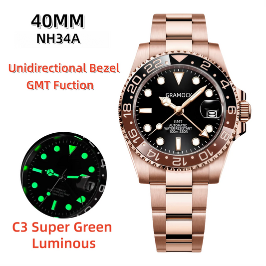 Gramock Rose Gold 40MM GMT NH34A Mechanical Watches Date Sapphire Crystal 100M Diving Rotating Bezel Men's Automatic Wristwatch