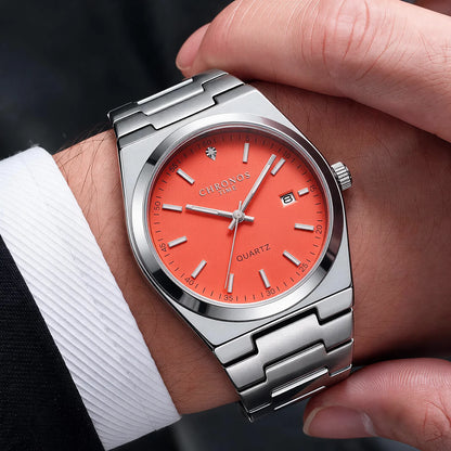 Orologio al quarzo da uomo CHRONOS – Cinturino in acciaio inossidabile, impermeabile, lancette luminescenti, datario – Ideale per il lavoro, lo sport o l’uso quotidiano