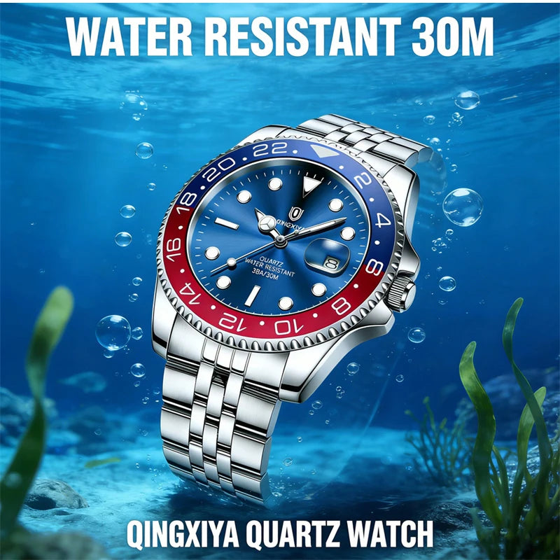 QINGXIYA Montres de luxe à quartz pour homme en acier inoxydable, étanches, avec date luminescente, montre-bracelet pour homme, reloj hombre
