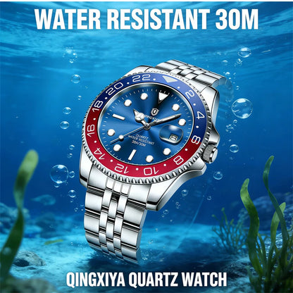 QINGXIYA Montres de luxe à quartz pour homme en acier inoxydable, étanches, avec date luminescente, montre-bracelet pour homme, reloj hombre