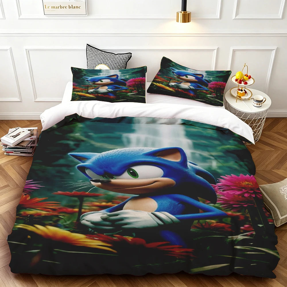 Cartoon Duvet Cover Set , Washable Cotton Bedding – S-Sonic-S The H-Hedgehog Movie Theme Student Bedroom Decor for All Seasons