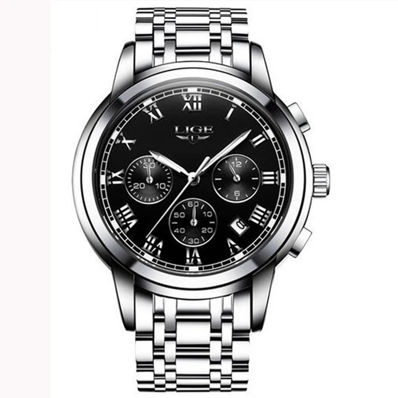 Orologio da uomo LIGE – Cronografo di lusso, stile sportivo casual, impermeabile, interamente in acciaio, movimento al quarzo