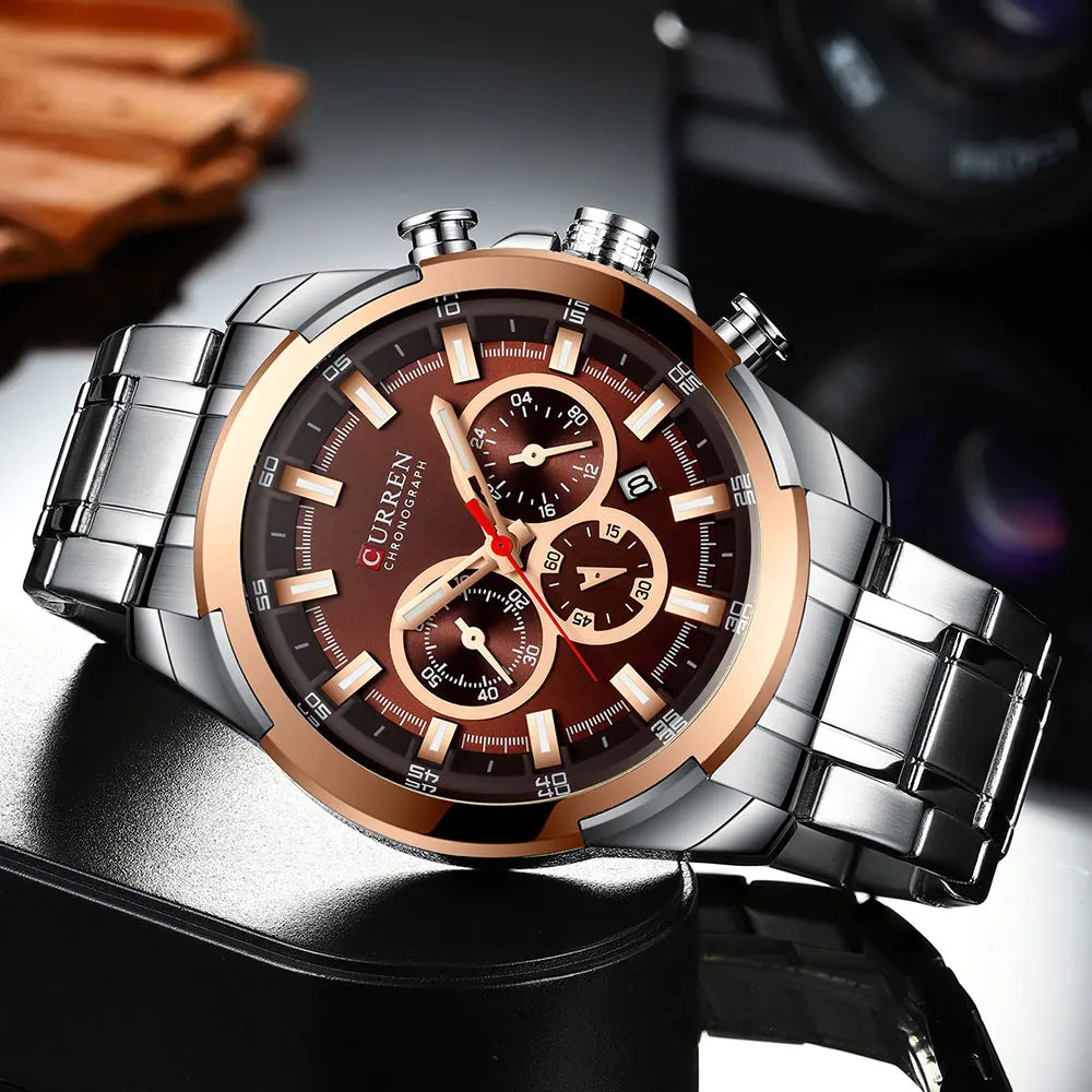 Orologio cronografo da uomo CURREN, quadrante grande da 48 mm, bracciale in acciaio inossidabile, tre contatori, orologio da polso sportivo al quarzo, stile lussuoso