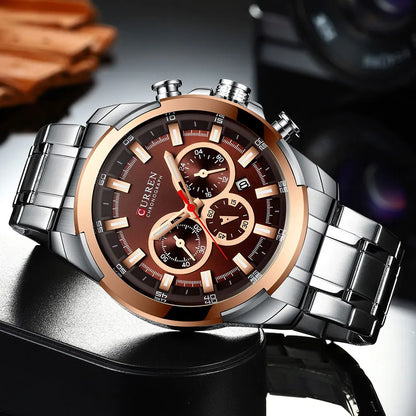 Orologio cronografo da uomo CURREN, quadrante grande da 48 mm, bracciale in acciaio inossidabile, tre contatori, orologio da polso sportivo al quarzo, stile lussuoso