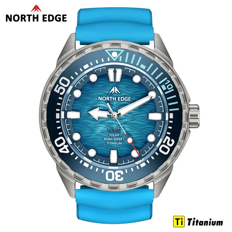 NORTH EDGE NEW+ TRITON-TI Titanium Solar-Powered Diving Watch Luxury Quartz Watches for Men 300M Waterproof 180+ Day Power