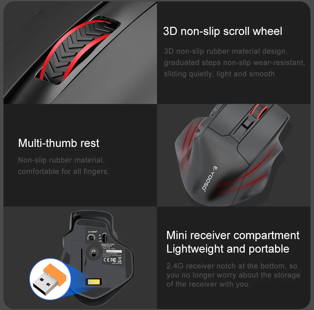 E-YOOSO X-31 Pro USB Gaming Large Mouse Support Bluetooth 2.4G Wireless PAW3212 4800 DPI for Gamer Mice Computer Laptop PC