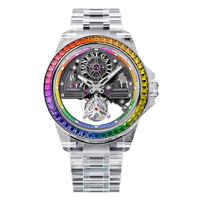 BONEST GATTI luxury Full Skeleton Automatic Mechanical Watch Sapphire Back 48 Rainbow Diamonds Luminous Luxury Wristwatch Men