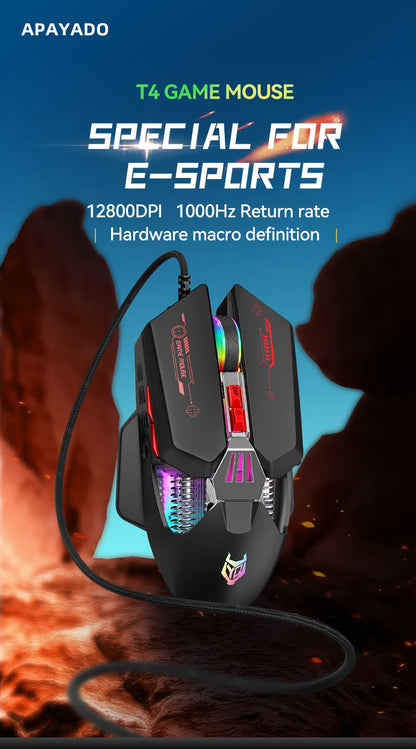1K Hz Gaming Mouse Wired APAYADO T4 RGB Mouse with Ultra-light Cord 60IPS,12800DPI for Laptop/Computer