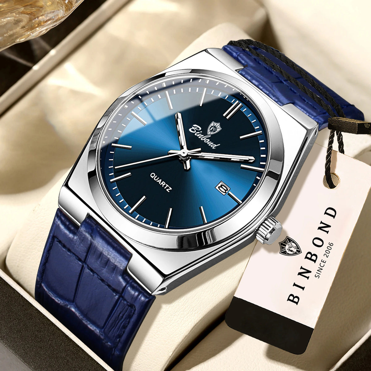 Relógio de pulso de luxo BINBOND com movimento de quartzo para homem – Impermeável, luminoso, com data automática – Estilo profissional, desportivo, moderno e descontraído – Pulseira em pele