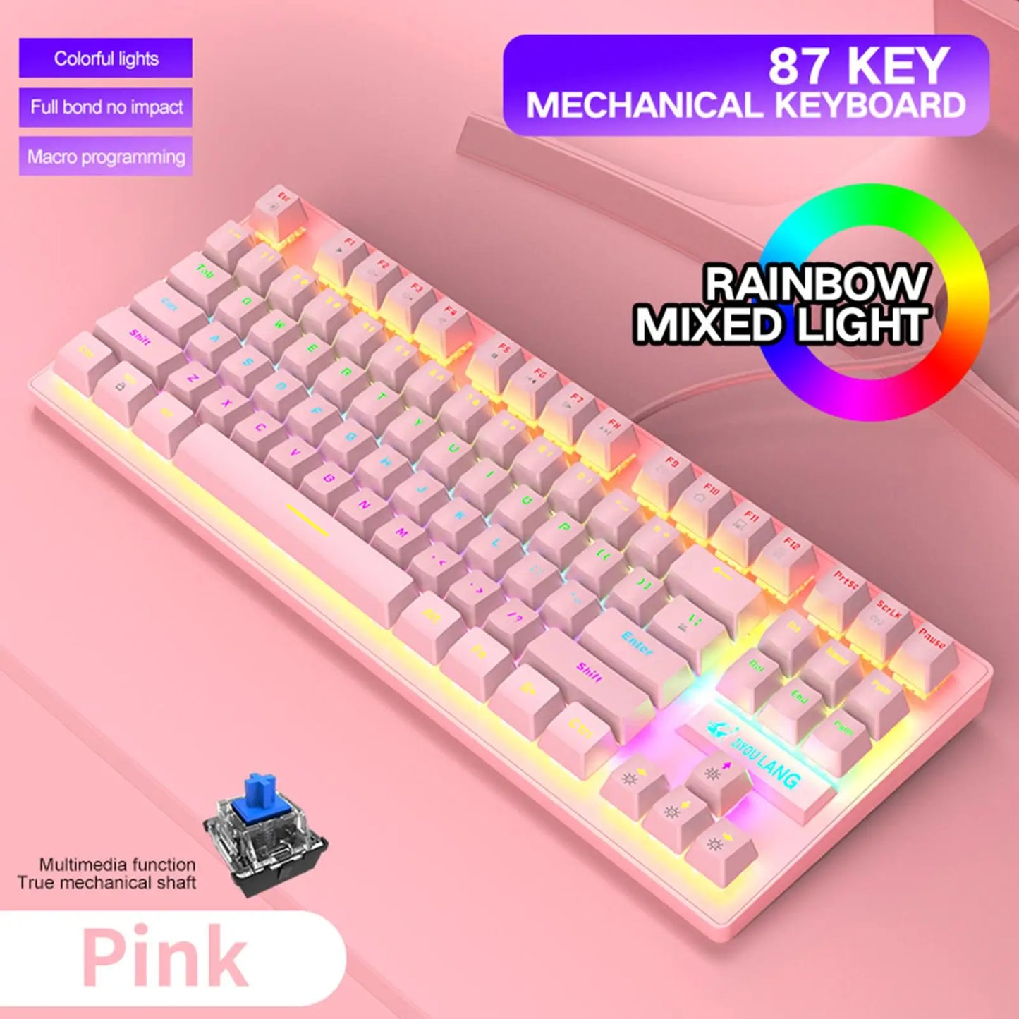 USB Mechanical Gaming Keyboard, Anti-ghosting Detachable Panel, Rainbow Backlit, Gamer for Gaming Computer Desktop PC Compact
