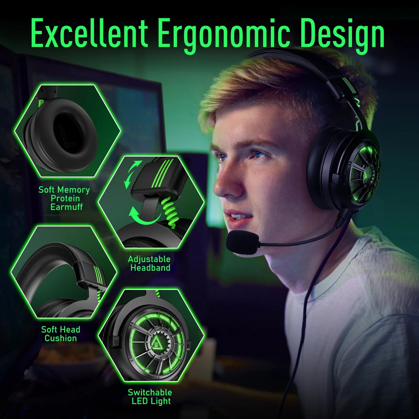 Oneodio EKSA StarEngine Pro Wired Gaming Headset 7.1 Surround PC Headphones Gamer With ENC Mic USB/Type C/3.5mm for PS4 PS5 Xbox