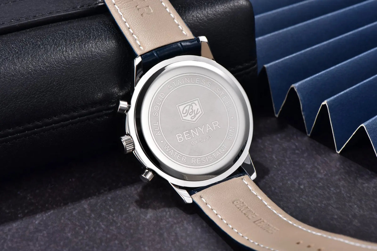 Orologio di lusso da uomo Benyar – Cronografo con datario, cinturino in pelle, impermeabile, luminescente, stile sportivo e militare, orologio al quarzo