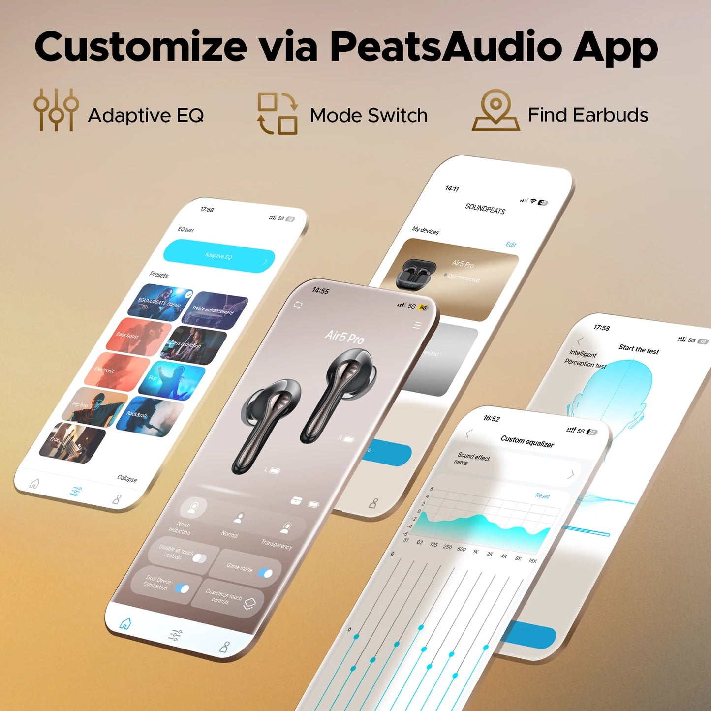 SOUNDPEATS Air5 Pro Wireless Earphones 55 dB Adaptive Hybrid ANC Bluetooth 5.4 Earbuds, Hi-Res LDAC aptX Loseless,6 Mics AI ENC