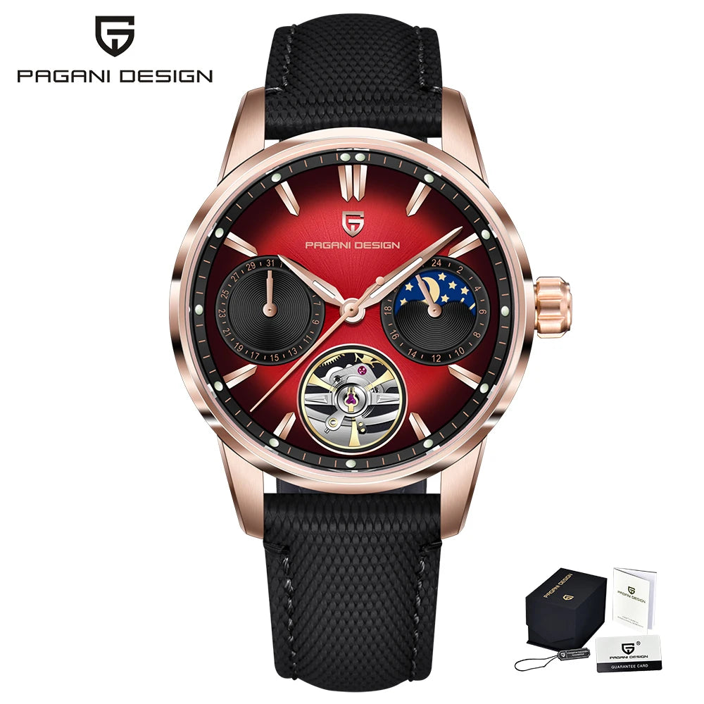 PAGANI DESIGN – Luksuzna mehanska ura za moške, 41 mm, safirno steklo, usnjena zapestnica, vodotesna, v pilotskem slogu, s turbijonom in prikazom lunine faze