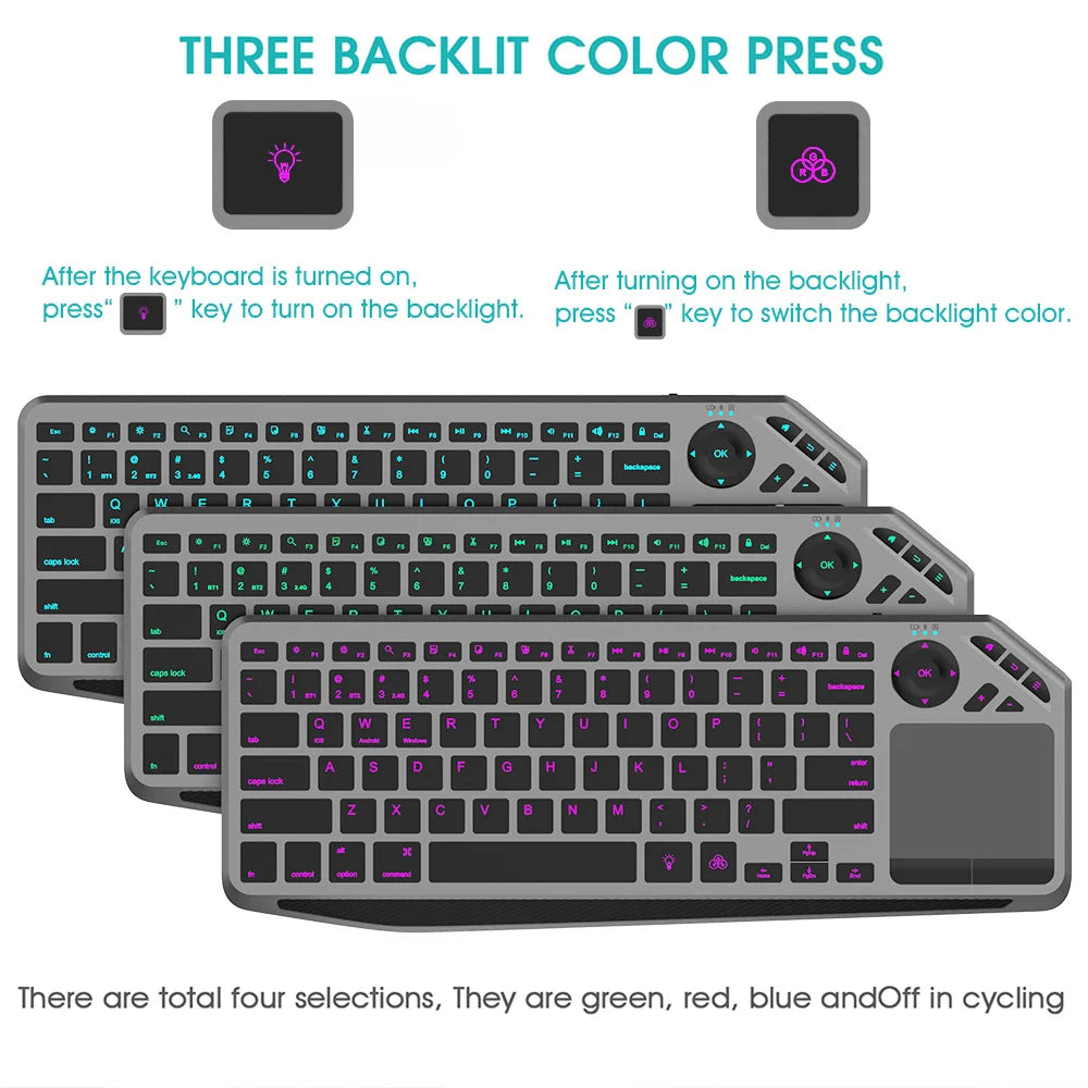 Bluetooth Wireless Keyboard with Touchpad 7-Colors Backlit 2.4g Rechargeable Trackpad Keyboard for Smart TV, IOS IPhone/IPad