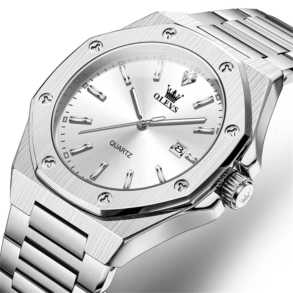 Montres OLEVS pour homme : montre de luxe classique à quartz, argentée et bleue, étanche, en acier inoxydable, luminescente, Reloj Hombre